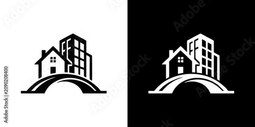 Fotografie Cityscape illustration features buildings and bridge in black and white
