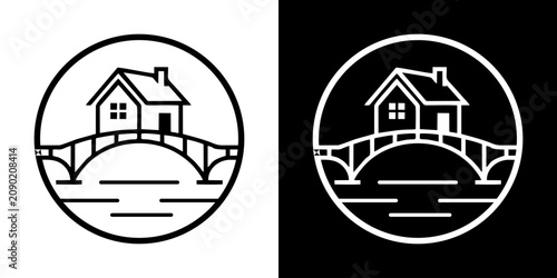 A house sits on a bridge over water in a circular illustration