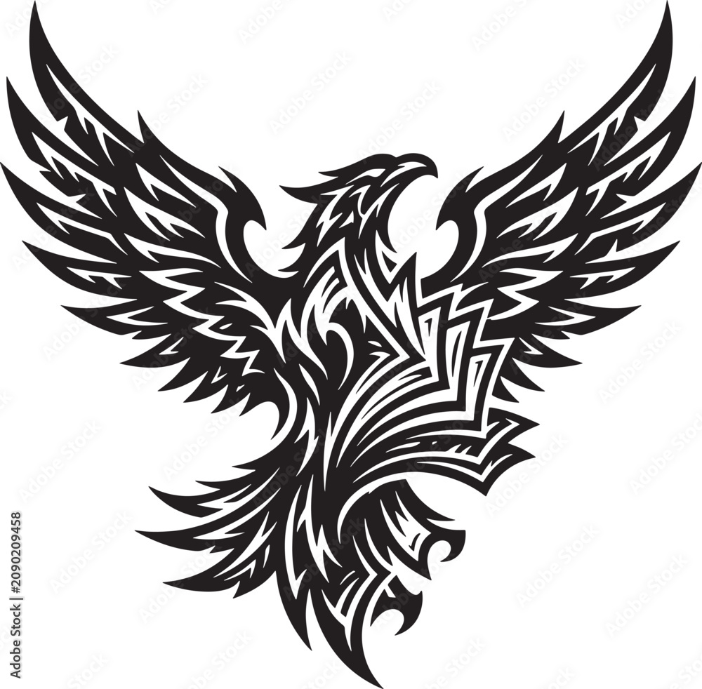 Fototapeta premium Dynamic black and white eagle with stylized wing feathers, isolated on a white background, for creative projects