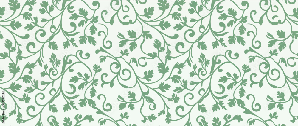 Fototapeta premium Seamless floral pattern with green leaves and scrolls on white background