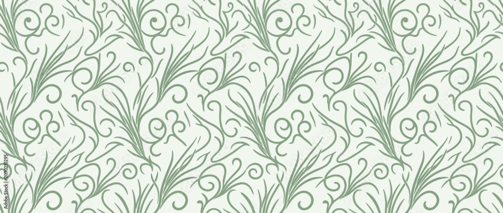 Fototapeta premium Seamless botanical pattern with green grass and swirls on light background