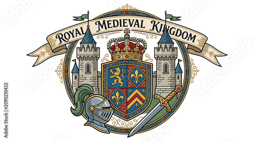 Fotografie Medieval Kingdom Emblem with Castle, Crown, Sword, and Heraldic Shield