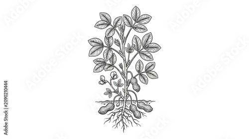 Bild auf Leinwand Peanut Plant Illustration with Roots and Pods, Botanical Drawing