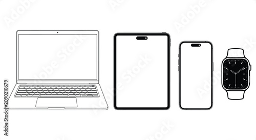 Obraz na płótnie Modern electronics lineup including laptop tablet smartphone and smartwatch on w