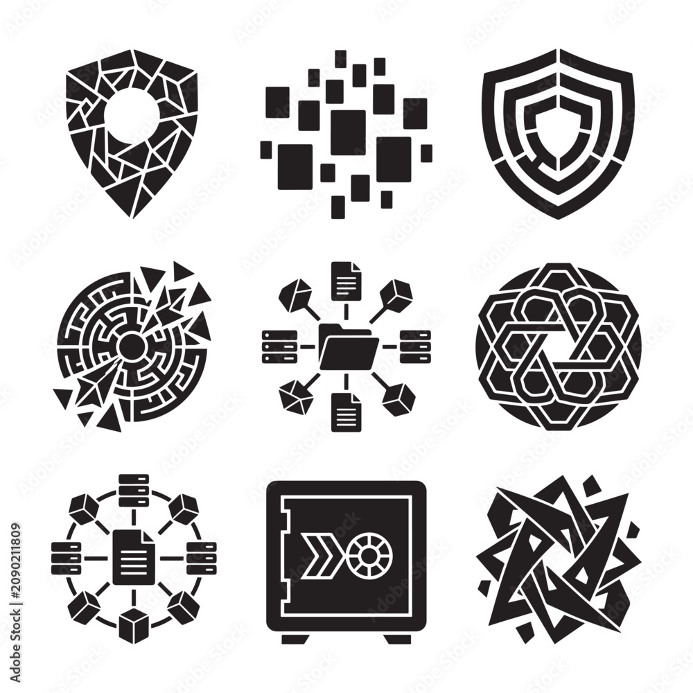 Fototapeta premium Modern abstract technology security icons set isolated on transparent background