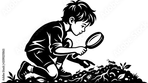 Bild auf Leinwand Boy with Magnifying Glass Studying Ants and Insects Outdoors