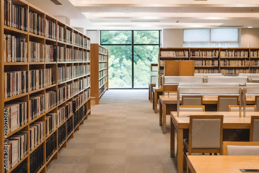 Obraz premium 無人の図書館の書架と閲覧席