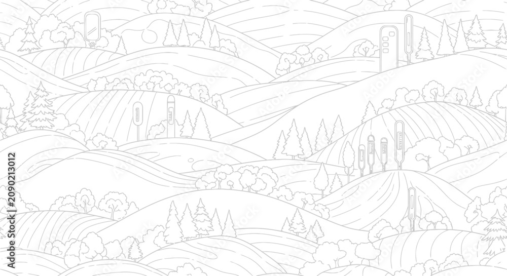 Fototapeta premium Black and white landscape line art.