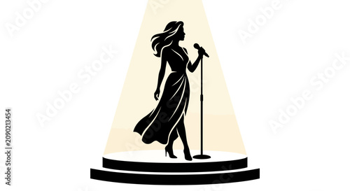 Schilderij op canvas Silhouette of a singer on stage under a spotlight, performing with a microphone