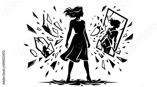 Woman's Silhouette Facing Shattered Mirror Reflection, Symbolizing Trauma or Self-Discovery