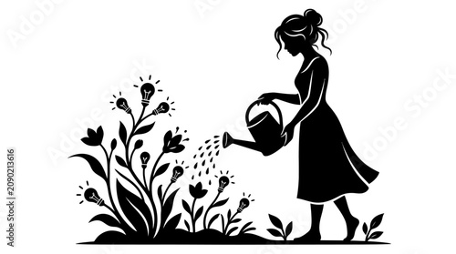 Fotografie Silhouette Woman Watering Lightbulb Plants for New Ideas and Creativity