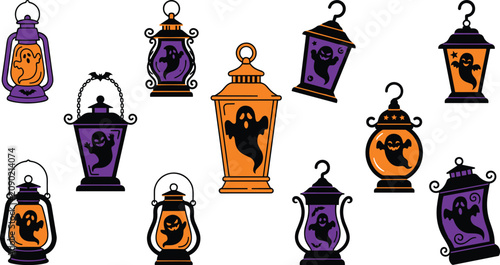 Schilderij op canvas Halloween spooky lantern and vintage lamp vector icon collection featuring orang