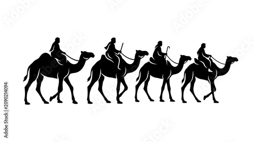 Fotografie Three Wise Men Silhouette Riding Camels in Desert