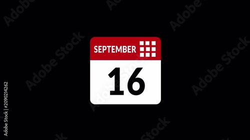 September month calendar animation on transparent background. calendar simple icon animation date change time month. Date counting calendar ,Calendar animation of september month in 4k. 