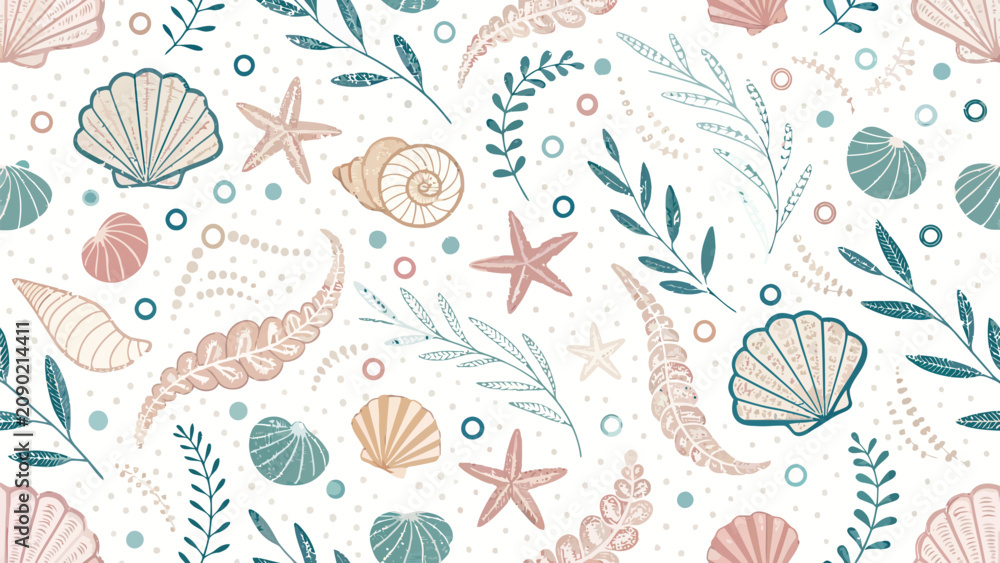 Naklejka premium Seamless vector pattern featuring coastal shells seaweed starfish and floral motifs in soft pastel palette with wallpaper