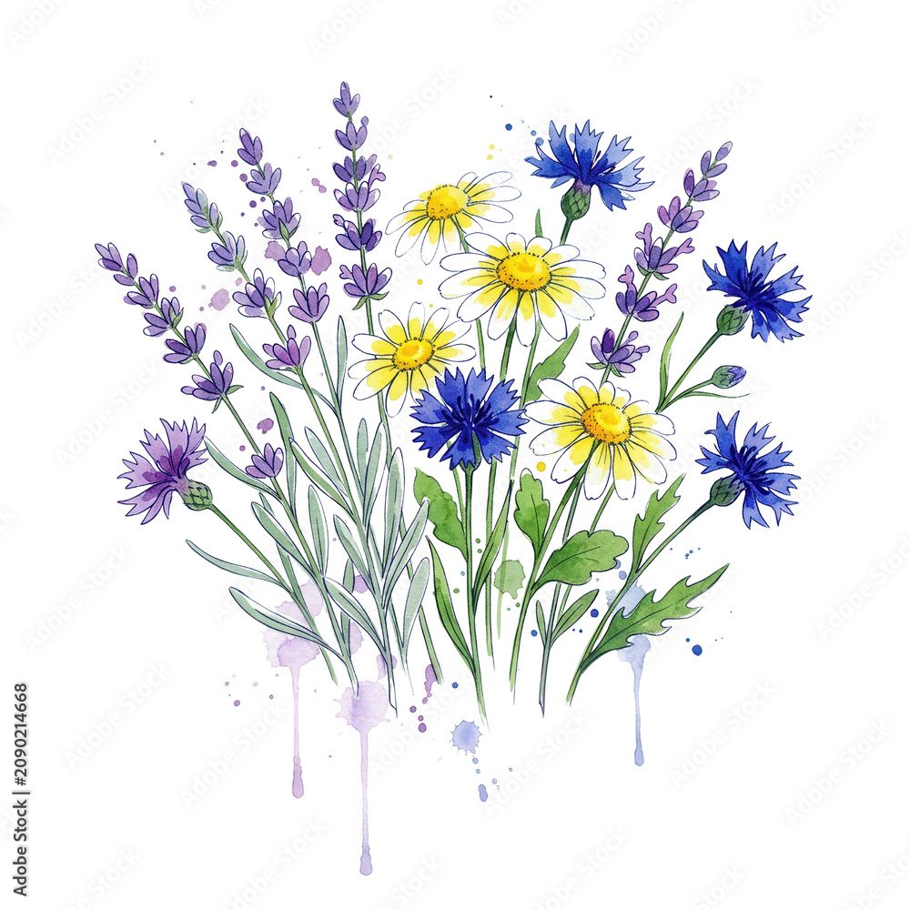 Obraz premium Beautiful watercolor botanical illustration of lavender cornflowers and daisies bouquet.