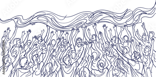 Dynamic line art illustration of a diverse crowd raising hands and holding a flowing banner symbolizing protest unity and collective action