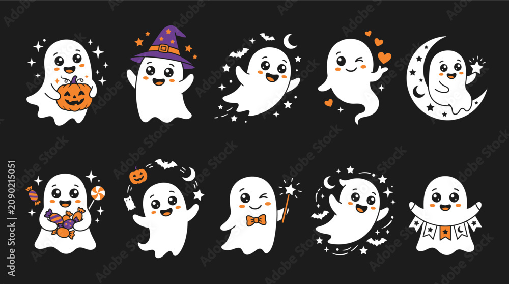 Fototapeta premium Cartoon ghosts in various poses.. Set of 10 cute funny ghost icons, Halloween vector illustration