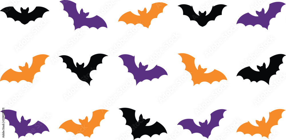 Fototapeta premium Halloween flying bats vector silhouettes collection bundle with black purple and orange spooky creatures isolated on white background for seasonal decoration