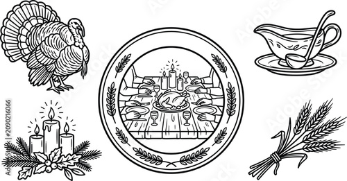 Quadro su tela Vintage Thanksgiving Dinner Graphic Elements Set Featuring Turkey Family Feast E
