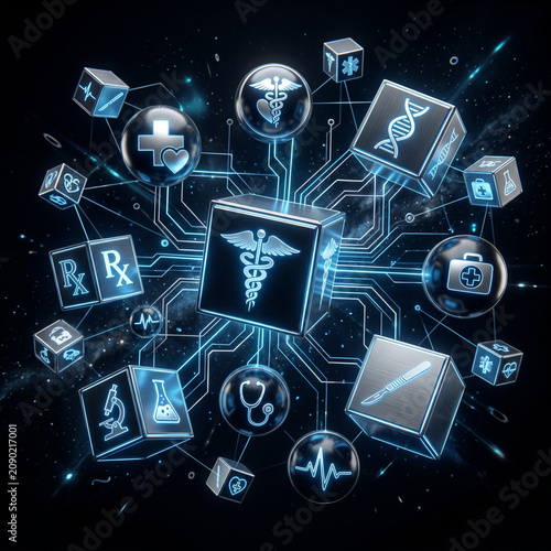 Digital Healthcare Technology: Medical Icons and Circuitry