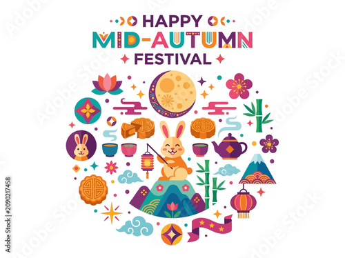 Happy mid-autumn festival greeting with cute rabbit and mooncakes