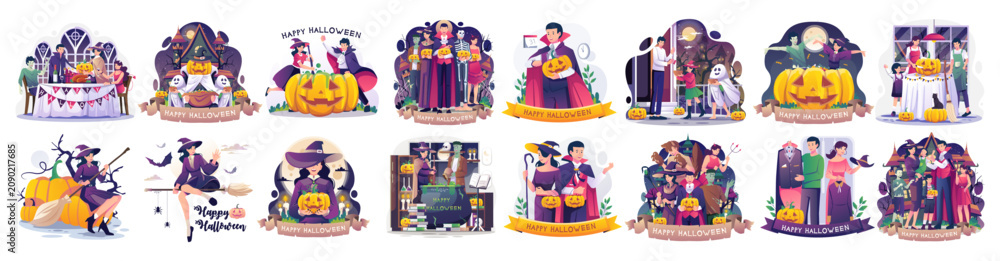 Naklejka premium Halloween Witch and Pumpkin Flat Icon Set, Spooky Holiday Cartoon Vector Collection