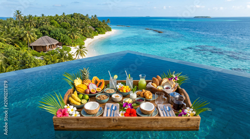 Tropical Luxury Breakfast Tray Floating in Infinity Pool, Maldives Paradise Beach