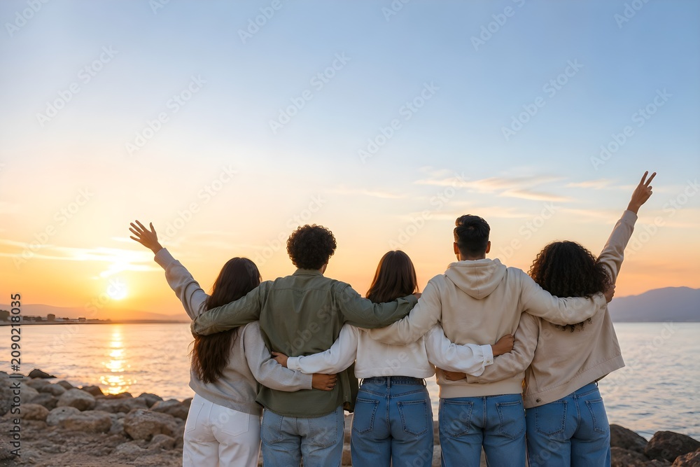 Fototapeta premium Diverse Group of Friends Watching Sunset on Beach Together, International Day of Friendship Concept with Copy Space