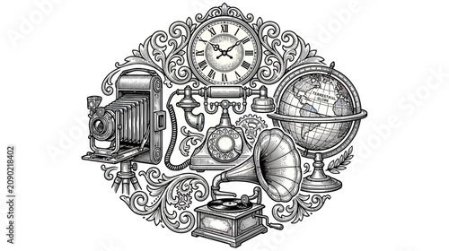 Vintage Technology Collage: Camera, Globe, Clock, Gramophone, Telephone
