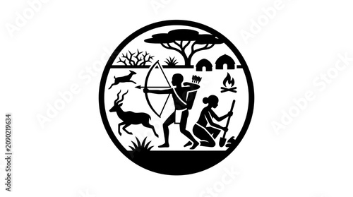 African Tribal Hunter and Gatherer Circle Silhouette