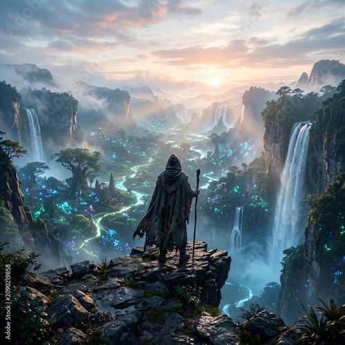 Mystical fantasy wizard overlooking magical valley with waterfalls and glowing plants
