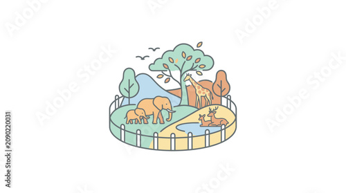 Konstfotografi Zoo enclosure illustration with elephants, giraffes, deer, and trees