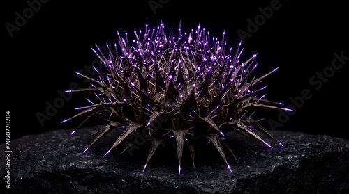 Bioluminescent purple glowing thorny pod on dark stone surface with black background