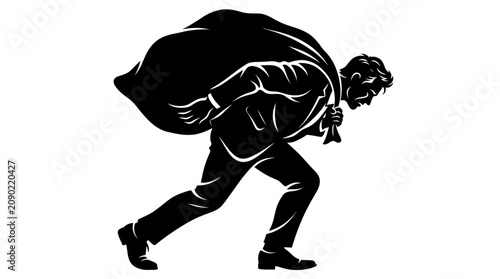 Tableau sur toile Silhouette of a man carrying a large sack over his shoulder, running, black and