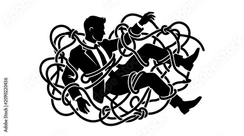 Photos Businessman entangled in rope, symbolizing stress, confusion, and challenges in