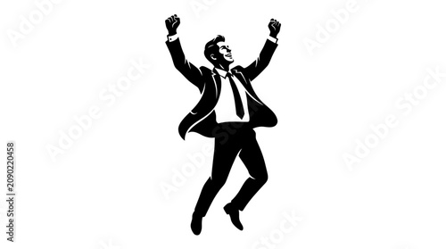 Fotografía Silhouette of a joyful businessman jumping with arms raised in celebration, isolated on white