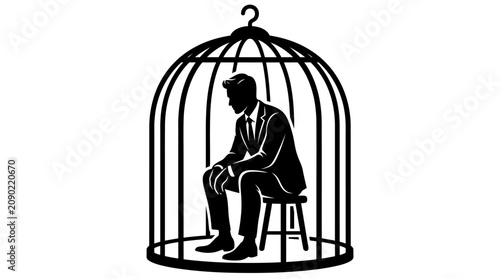 Photos Businessman trapped inside a birdcage, symbolizing confinement and lack of freed