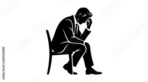 Canvastavla Silhouette of a businessman sitting on a chair, head in hands, contemplating