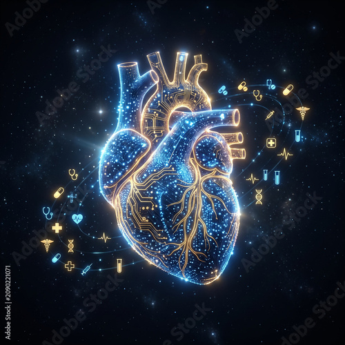 Digital Human Heart with Medical Icons and Circuit Board Patterns, Futuristic Healthcare Concept