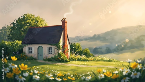 Small white house with green door and chimney smoke surrounded by flowers and trees in countryside landscape with hills