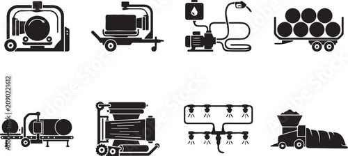 Farm irrigation pumps hay balers and agricultural utility equipment silhouettes