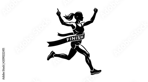 Quadro su tela Female runner crosses finish line, winning race, celebrating victory, black and
