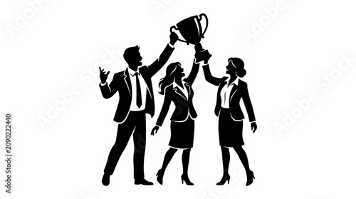 Foto Business Team Celebrating Victory Holding Up Trophy Silhouette
