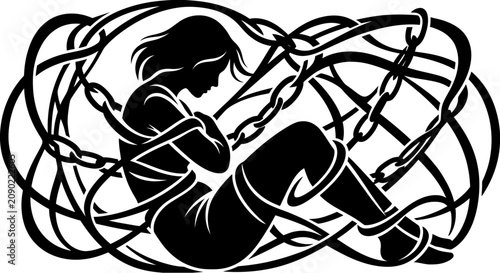 Tableau sur toile Silhouette of a woman trapped and entangled in chains, symbolizing struggle and confinement