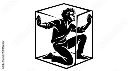 Bild auf Leinwand Man trapped in a cube, concept of confinement and struggle, black and white illu