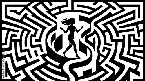 Foto Woman Silhouette Escaping Complex Maze Labyrinth, Finding Freedom