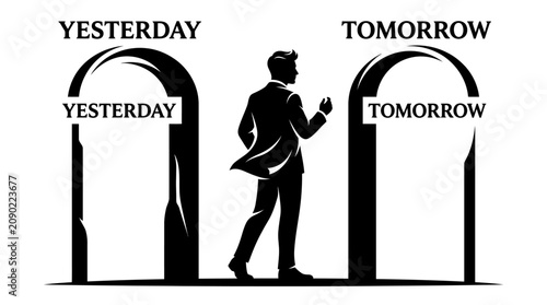 Obraz na płótnie Man chooses future over past, walking through archways labelled Yesterday and To