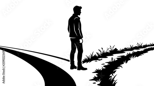 Foto Man at Crossroads Silhouette, Decision Point, Two Paths, White Background
