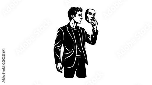 Foto Man holding a mask, contemplating identity, duality, disguise, personality, hidd